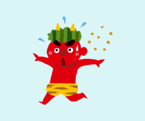 節分の豆まきで赤鬼が逃げているイラスト